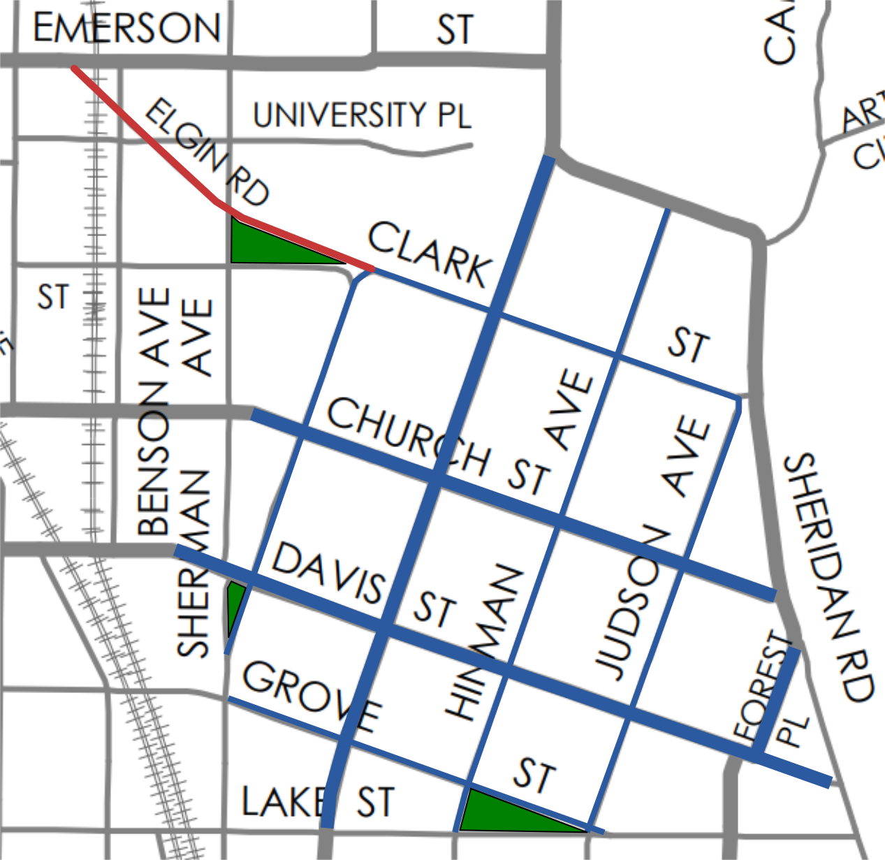 map of downtown Evanston's streetgrid